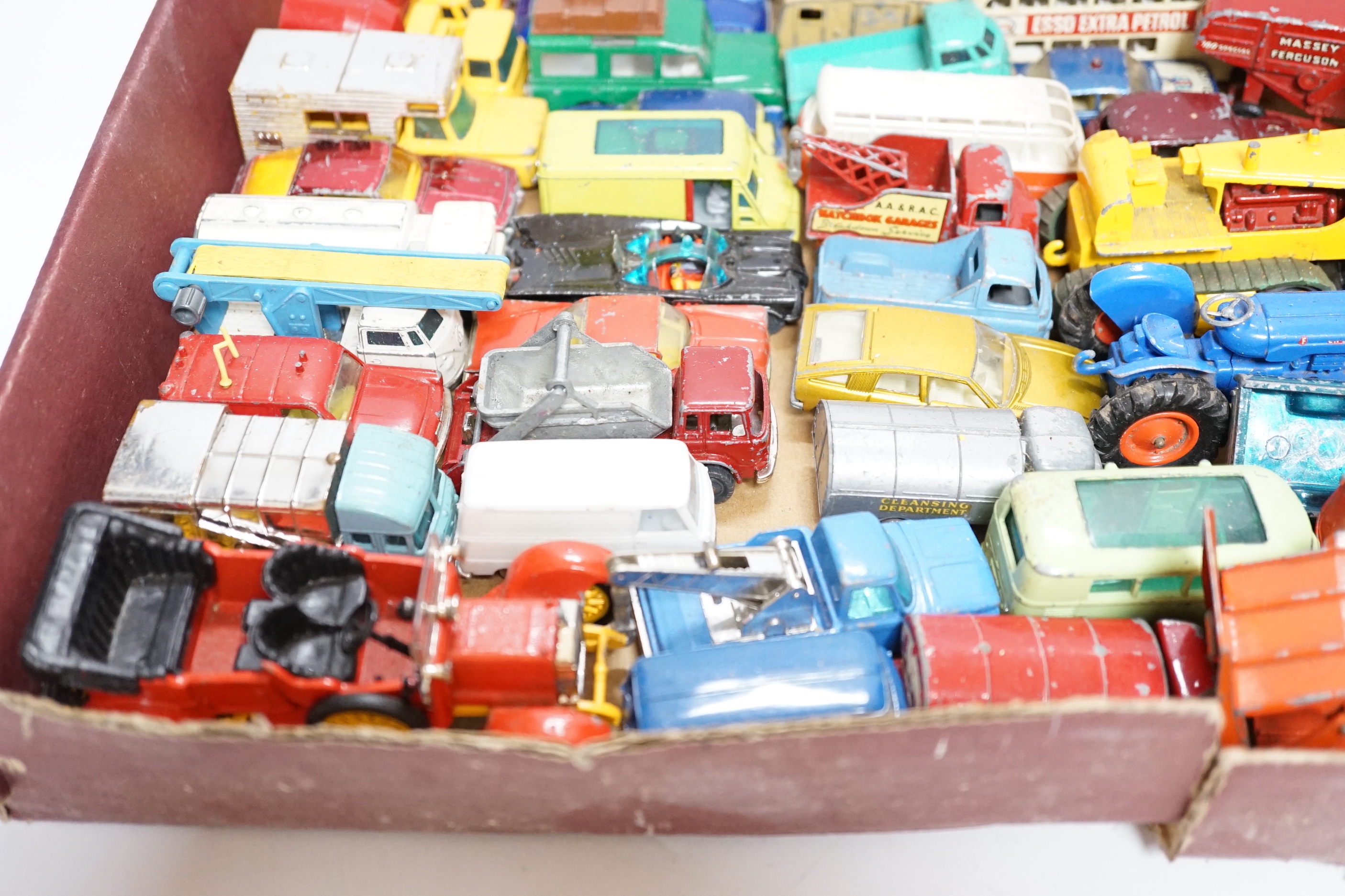 A collection of diecast vehicles by Corgi Toys, Dinky, Spot-On, Matchbox, etc. including 38, corgi toys; a Batmobile, a gold James Bond Aston Martin, a Man From UNCLE Oldsmobile, etc. 18 Husky Toys, ten Dinky Toys, etc.